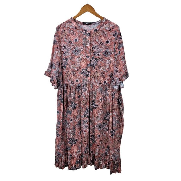 Ellos Shirt Dress Plus 22/24 Casual Party Midi Floral Ruffle Pink Flare Skirt - Picture 2 of 7